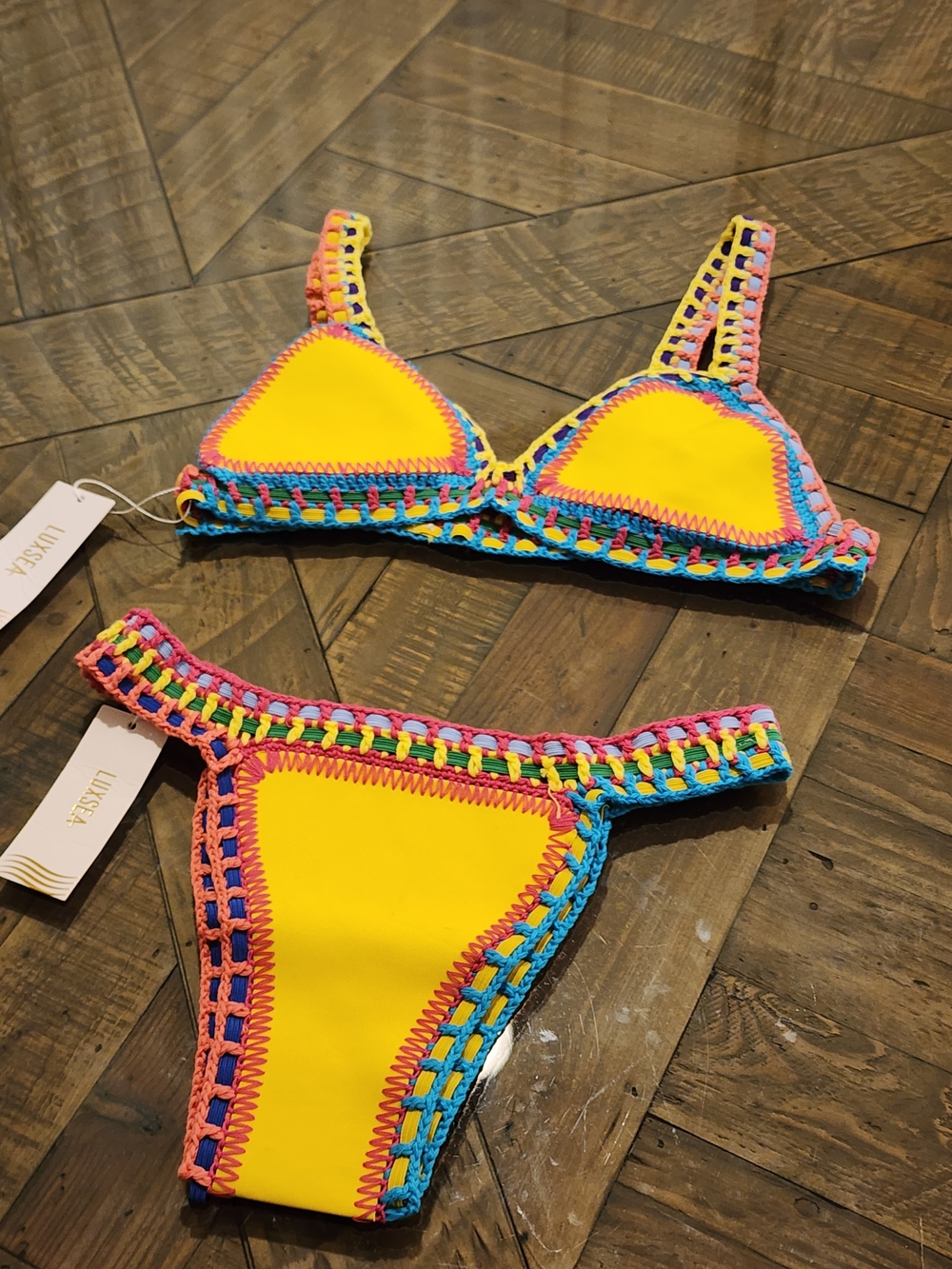 Yellow Crochet-Trim Triangle Bikini Set